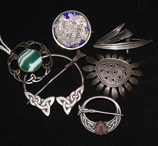 Six assorted silver brooches including Iona.